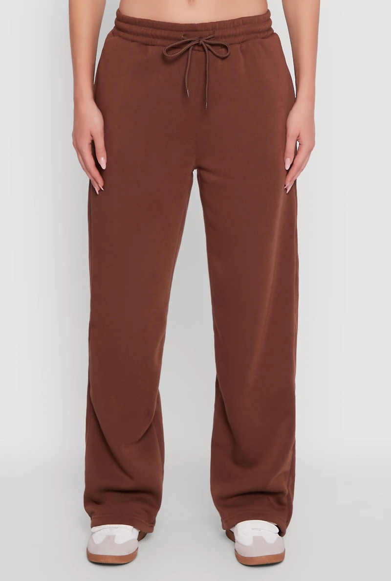 Womens Fleece Lined Drawstring Waist Wide Leg Pants, M