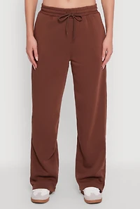 Womens Fleece Lined Drawstring Waist Wide Leg Pants, Brown, Size L