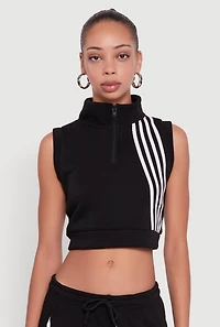 Womens Sleeveless Half Zip Stripe Detail Crop Top,