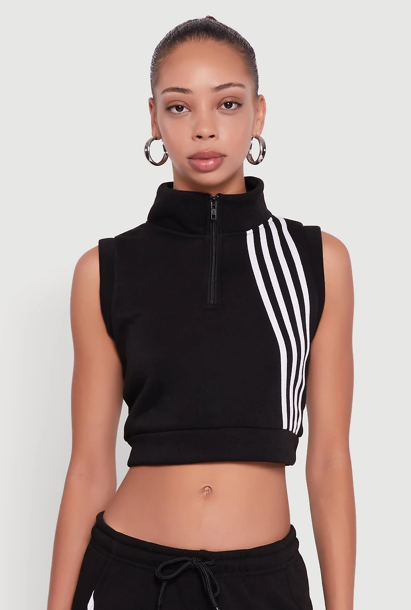 Sleeveless Half Zip Stripe Detail Crop Top