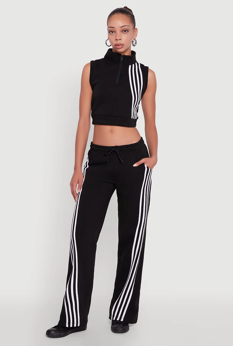 Womens Sleeveless Half Zip Stripe Detail Crop Top,