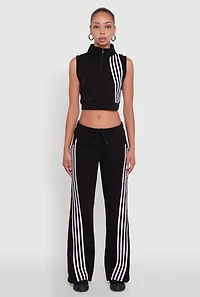 Womens Sleeveless Half Zip Stripe Detail Crop Top,