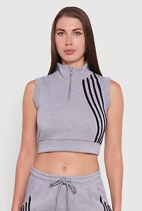 Womens Sleeveless Half Zip Stripe Detail Crop Top, Grey,