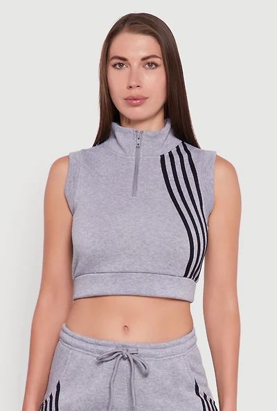 Womens Sleeveless Half Zip Stripe Detail Crop Top,