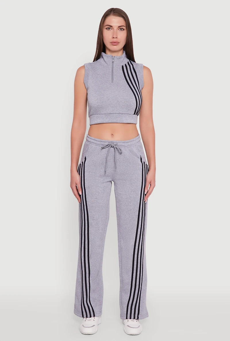 Womens Sleeveless Half Zip Stripe Detail Crop Top, Grey,