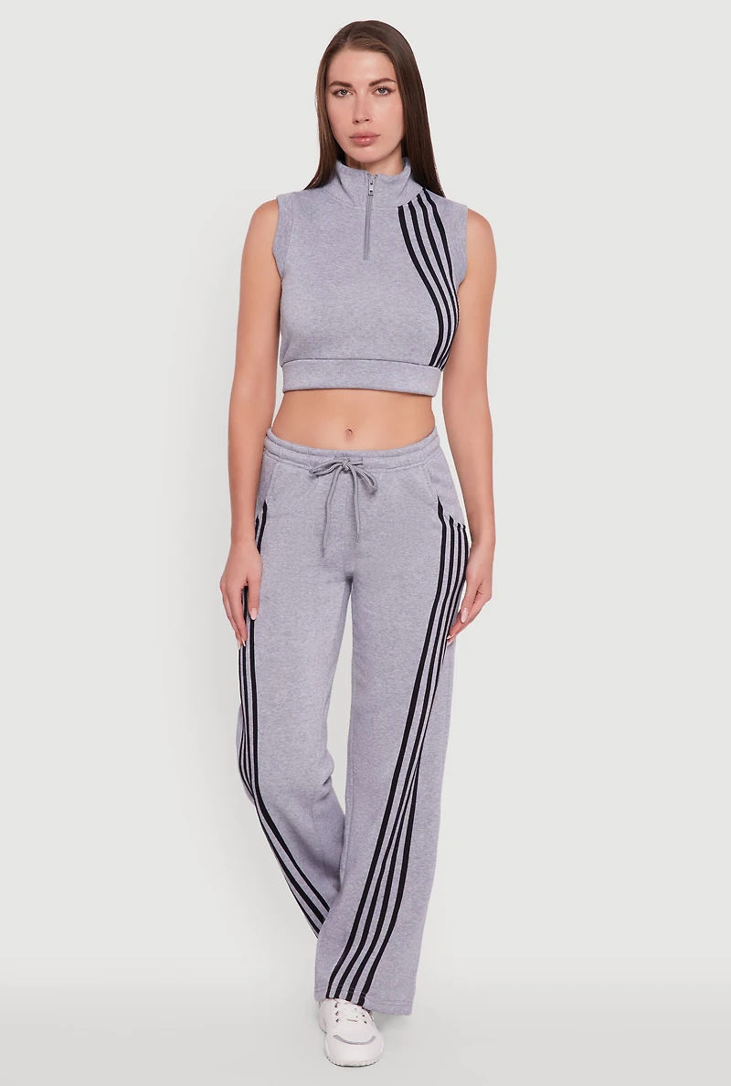 Womens Sleeveless Half Zip Stripe Detail Crop Top, Grey,