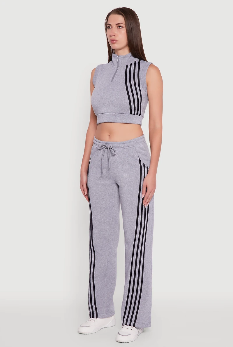 Womens Sleeveless Half Zip Stripe Detail Crop Top, Grey,