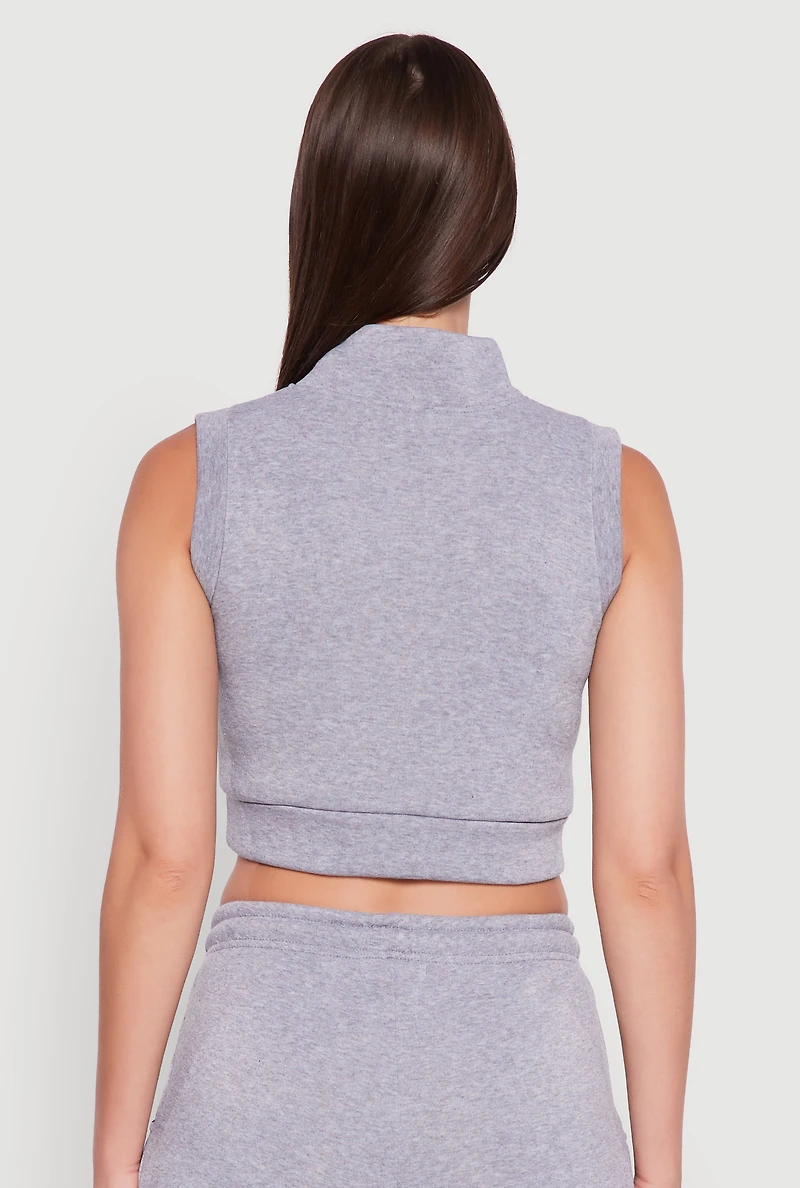 Womens Sleeveless Half Zip Stripe Detail Crop Top, Grey,