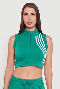 Womens Sleeveless Half Zip Stripe Detail Crop Top, Green,