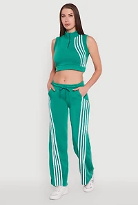 Womens Sleeveless Half Zip Stripe Detail Crop Top, Green,
