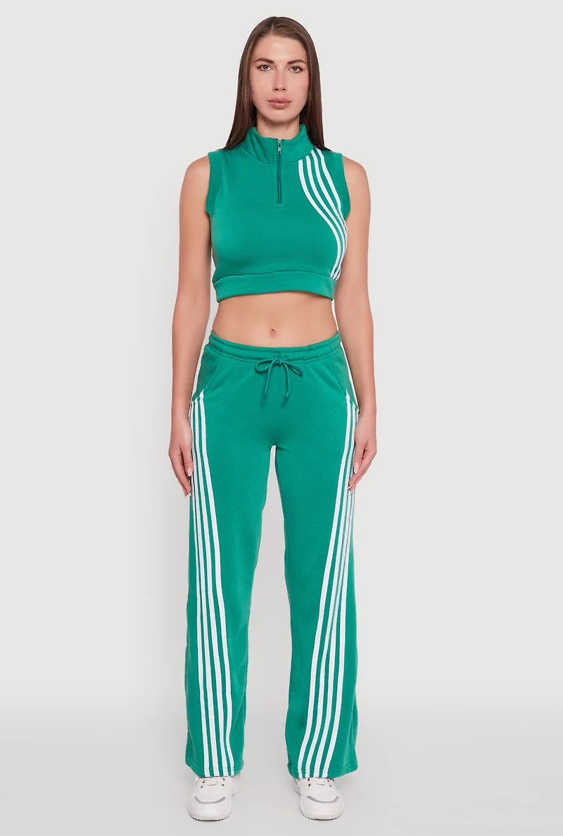 Womens Sleeveless Half Zip Stripe Detail Crop Top, Green,