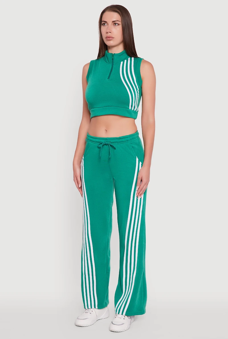 Womens Sleeveless Half Zip Stripe Detail Crop Top, Green,
