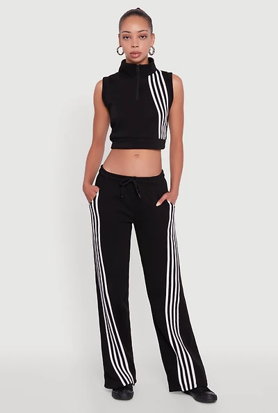 Womens Striped Fleece Lined Wide Leg Sweatpants,