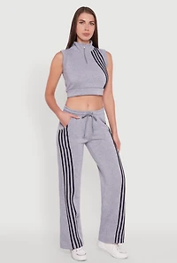 Womens Striped Fleece Lined Wide Leg Sweatpants, Grey, Size M