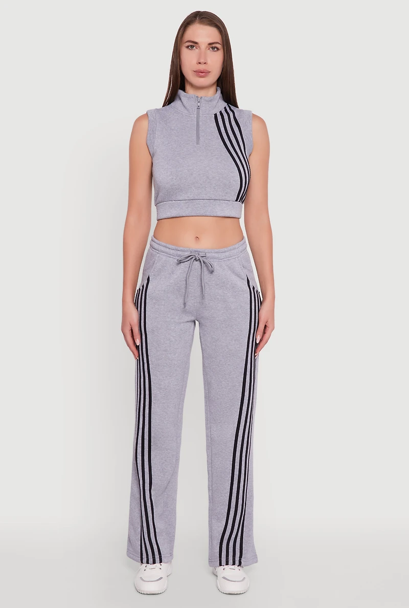 Womens Striped Fleece Lined Wide Leg Sweatpants, Grey, Size M