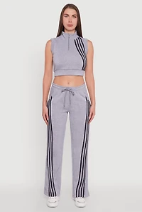 Womens Striped Fleece Lined Wide Leg Sweatpants, Grey, Size M