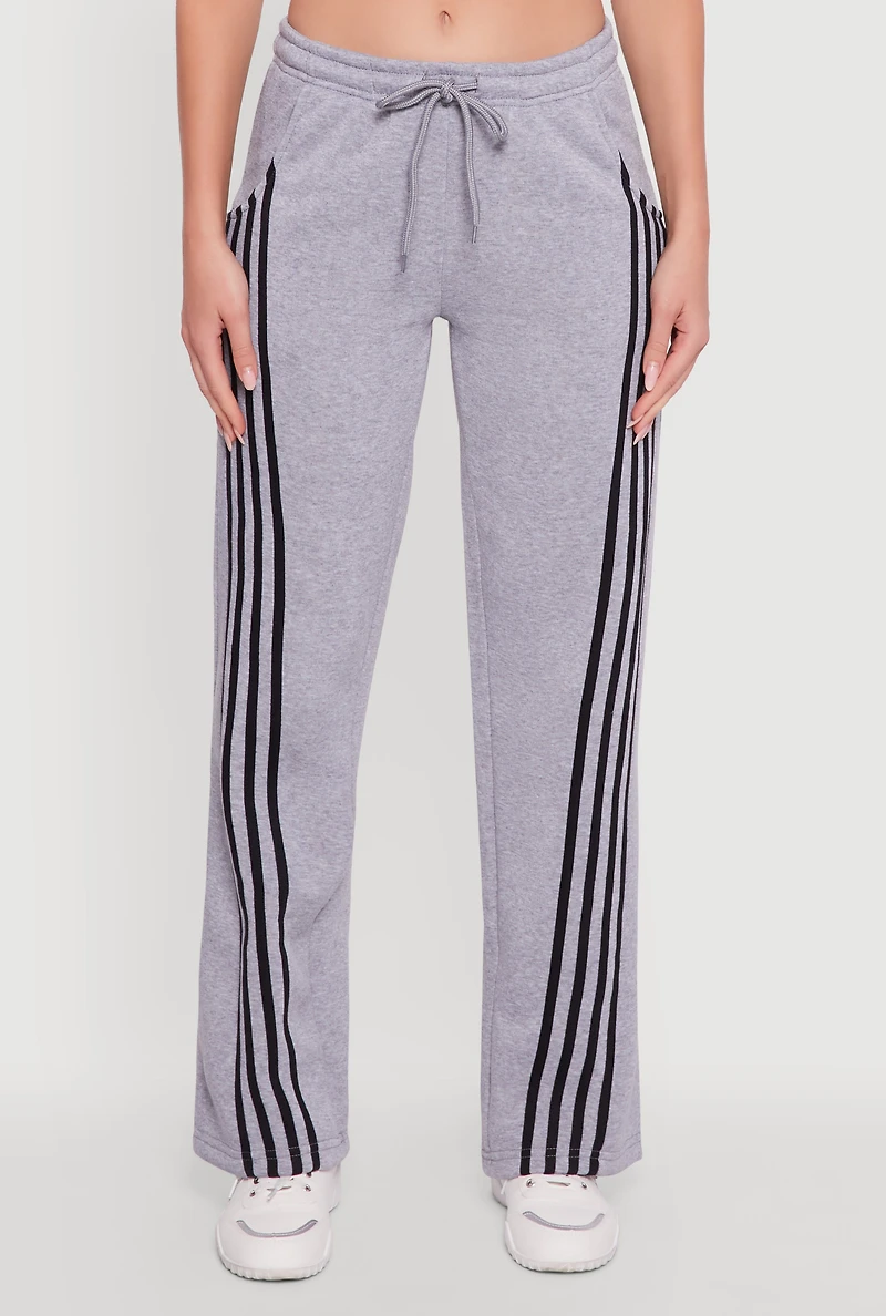 Womens Striped Fleece Lined Wide Leg Sweatpants, Grey, Size M