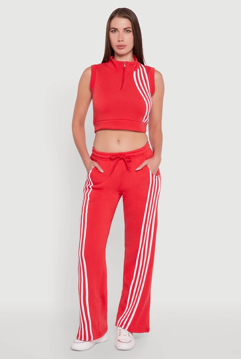 Womens Striped Fleece Lined Wide Leg Sweatpants, Red, Size M