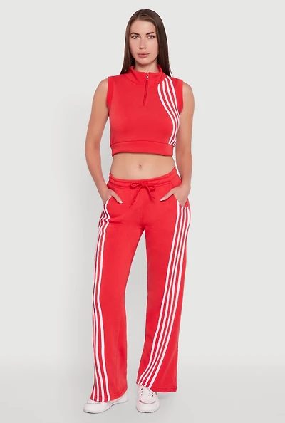 Womens Striped Fleece Lined Wide Leg Sweatpants, Red, Size M