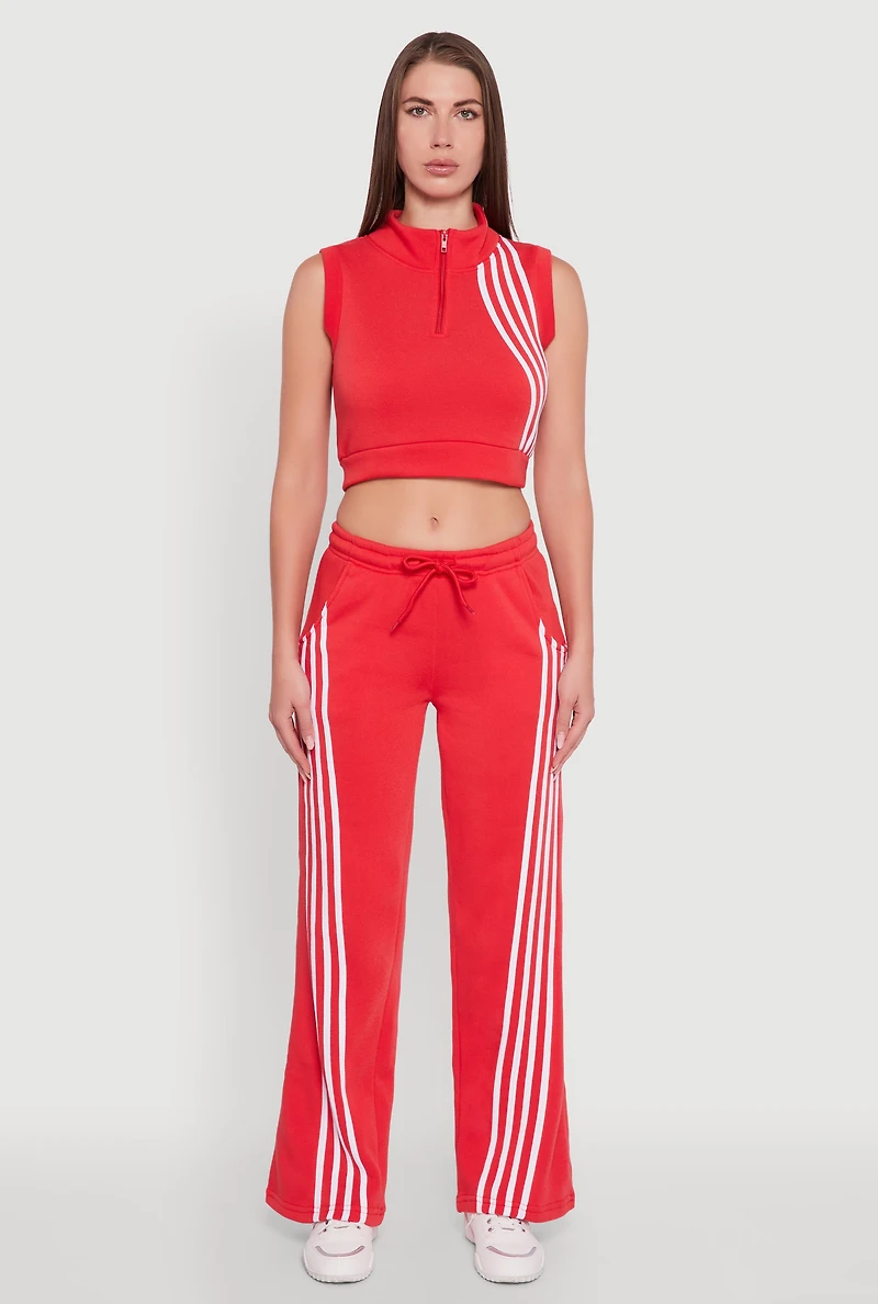 Womens Striped Fleece Lined Wide Leg Sweatpants, Red, Size M
