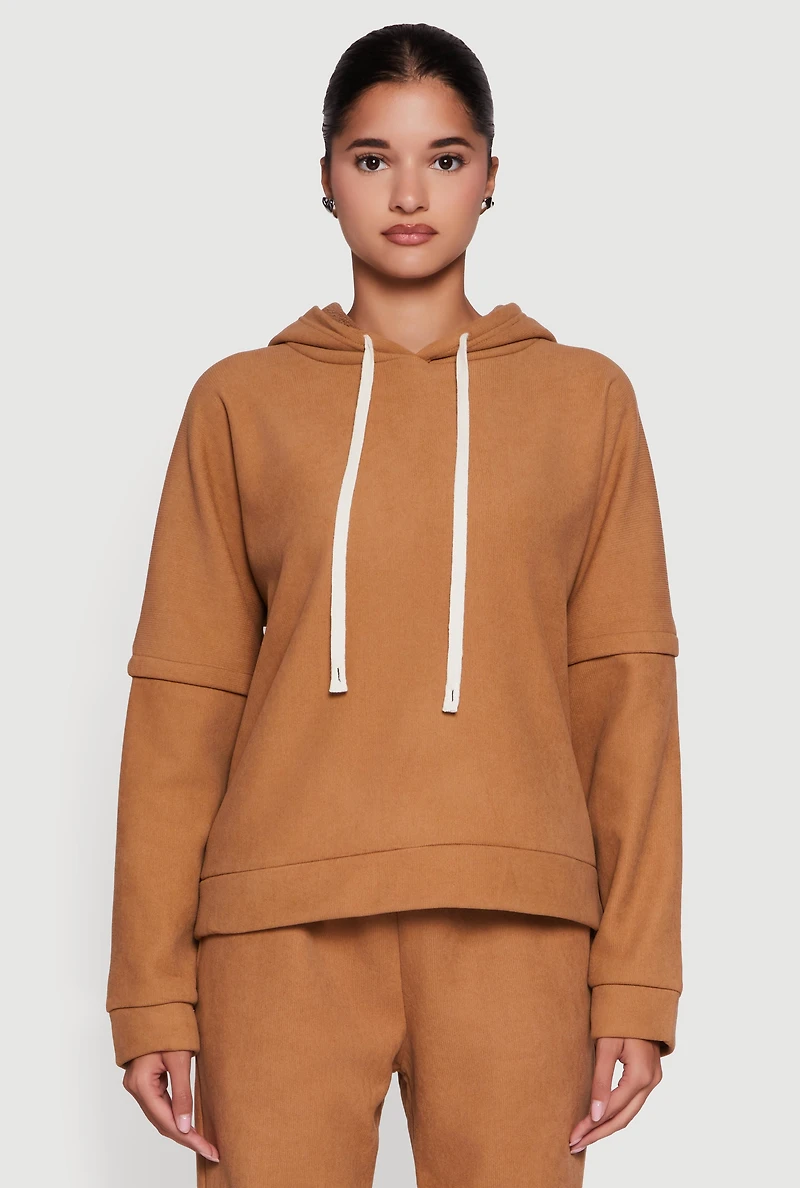 Womens Layered Look Plush Lined Hooded Sweatshirt, Brown,