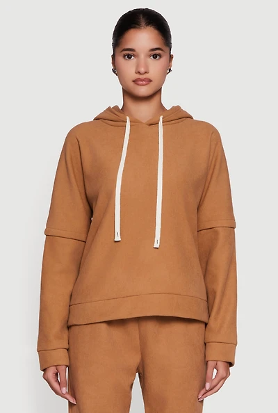 Womens Layered Look Plush Lined Hooded Sweatshirt, Brown,