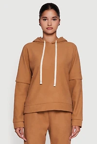 Womens Layered Look Plush Lined Hooded Sweatshirt, Brown,