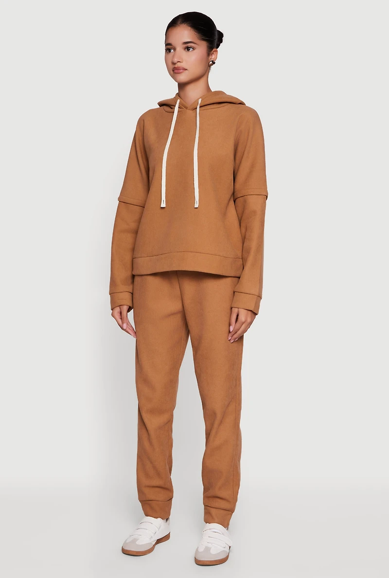Womens Layered Look Plush Lined Hooded Sweatshirt, Brown,