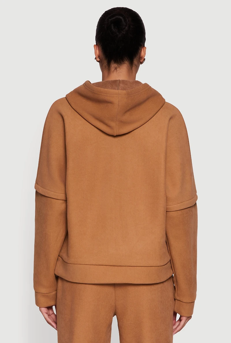 Womens Layered Look Plush Lined Hooded Sweatshirt, Brown, Size XL