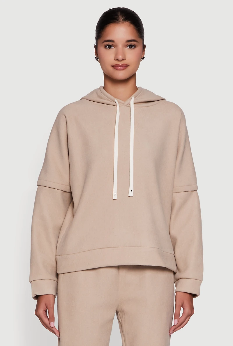 Womens Layered Look Plush Lined Hooded Sweatshirt,