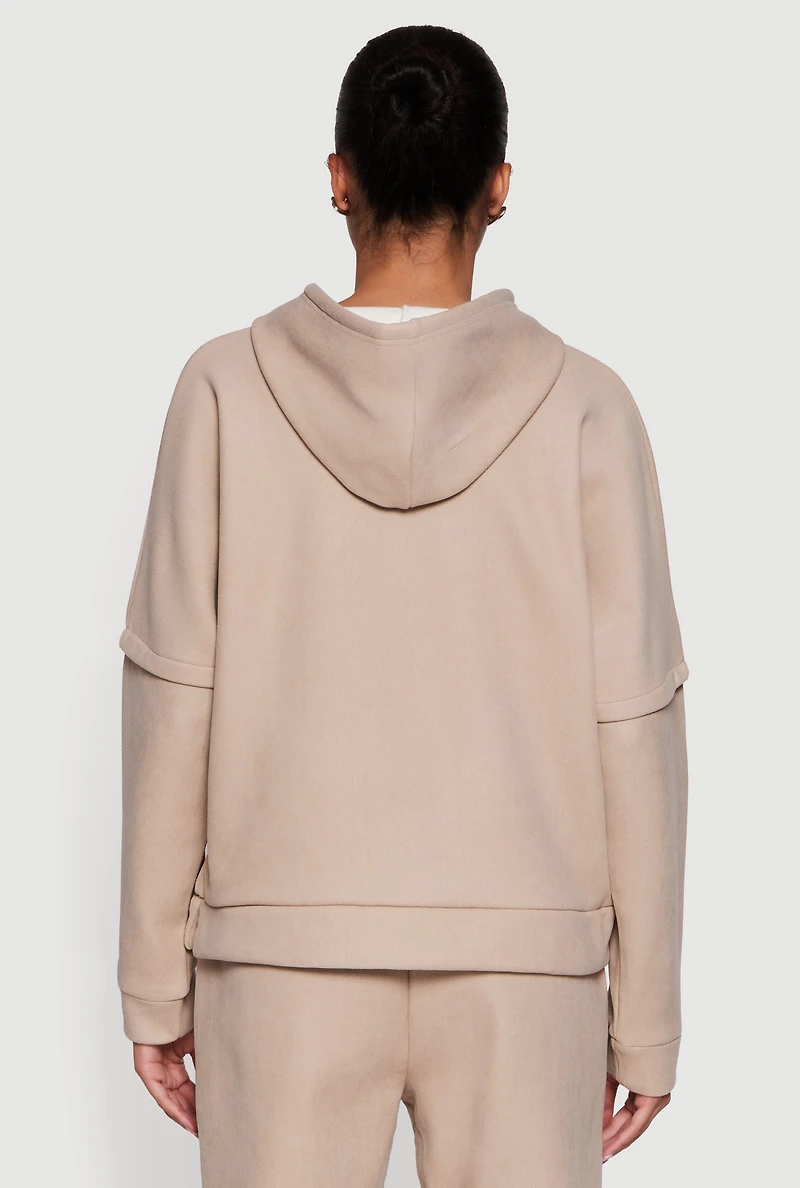 Womens Layered Look Plush Lined Hooded Sweatshirt, Beige, Size S