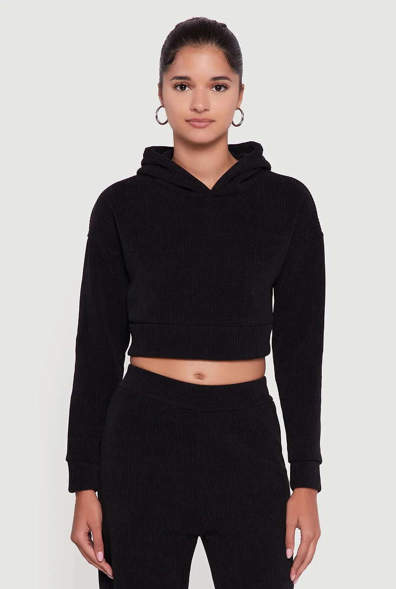 Womens Ribbed Knit Long Sleeve Cropped Hoodie,