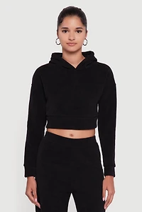 Womens Ribbed Knit Long Sleeve Cropped Hoodie,