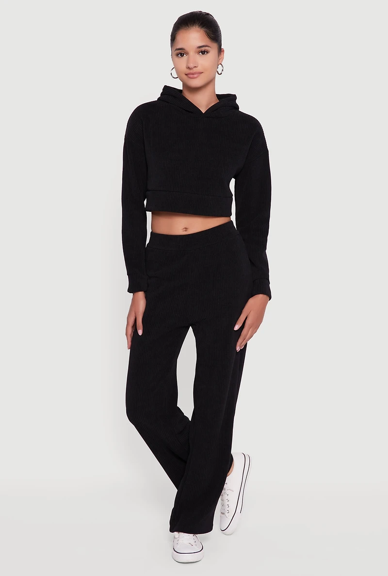 Ribbed Knit Long Sleeve Cropped Hoodie