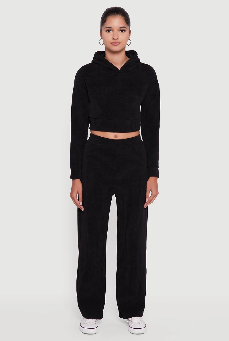 Womens Ribbed Knit Long Sleeve Cropped Hoodie,