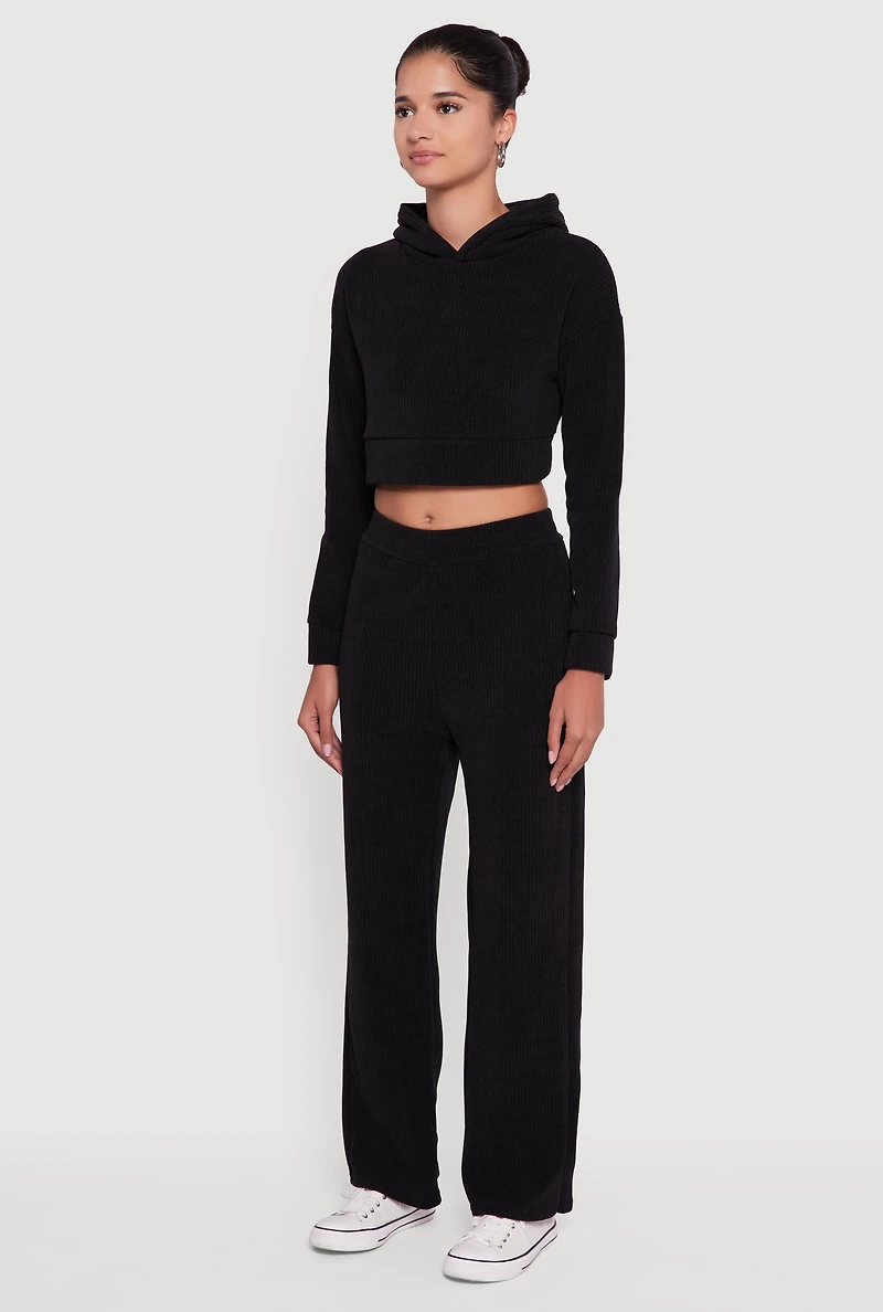 Womens Ribbed Knit Long Sleeve Cropped Hoodie,