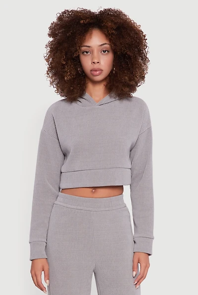 Womens Ribbed Knit Long Sleeve Cropped Hoodie, Grey, Size L