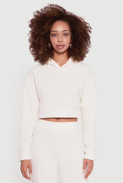 Ribbed Knit Long Sleeve Cropped Hoodie
