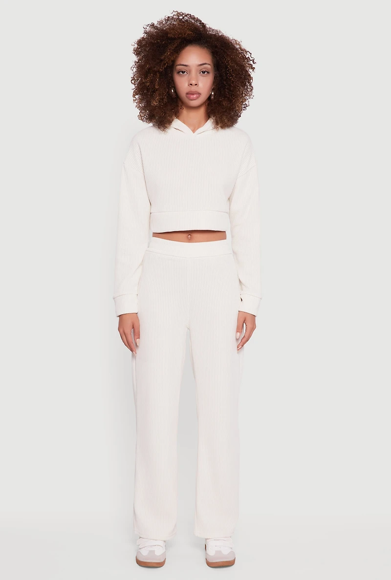 Womens Ribbed Knit Long Sleeve Cropped Hoodie, White,