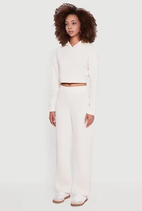 Womens Ribbed Knit Long Sleeve Cropped Hoodie, White,