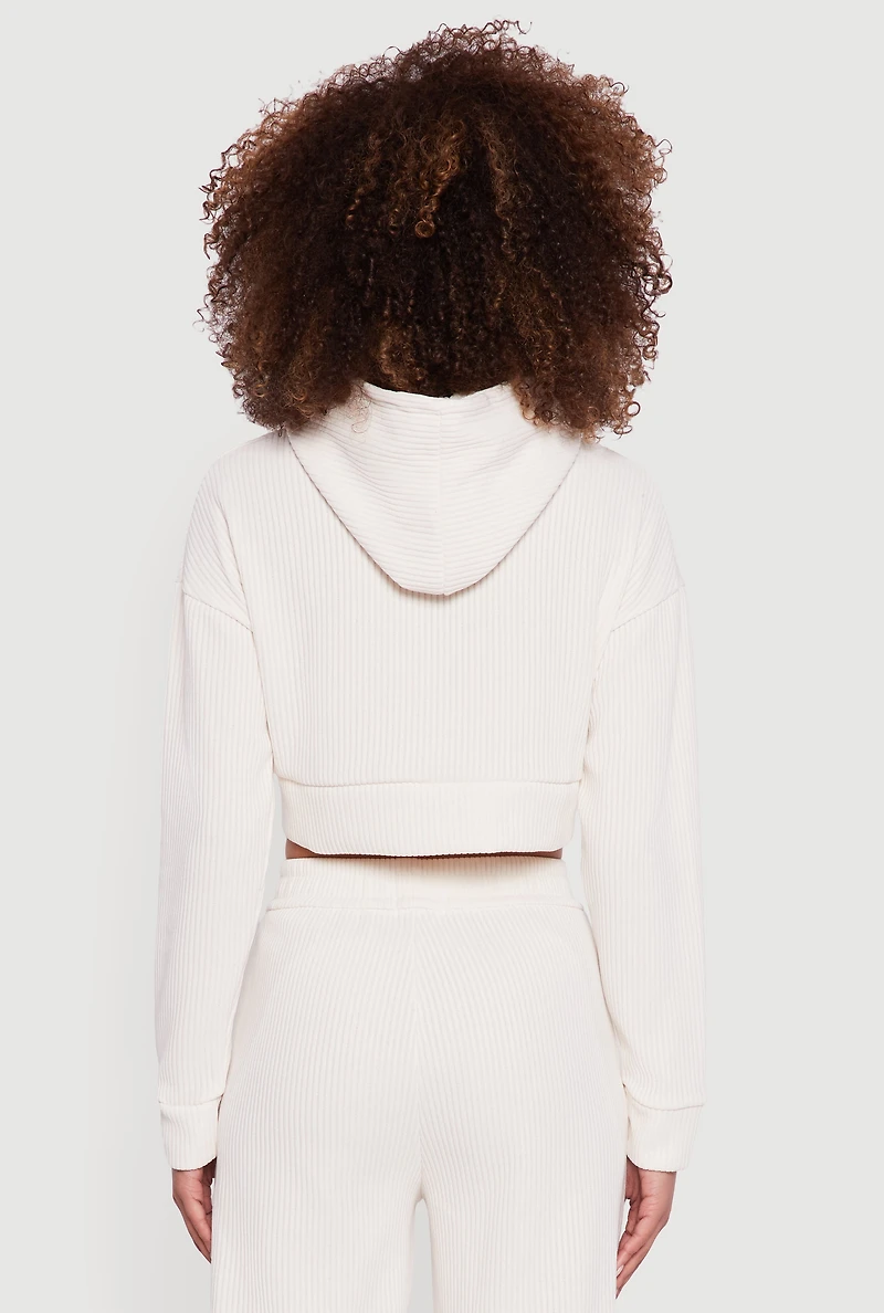 Ribbed Knit Long Sleeve Cropped Hoodie