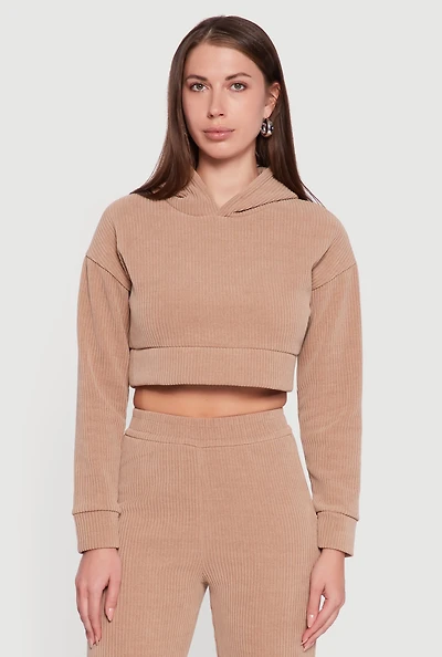 Womens Ribbed Knit Long Sleeve Cropped Hoodie,
