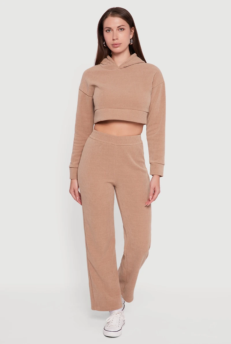 Womens Ribbed Knit Long Sleeve Cropped Hoodie, Beige,