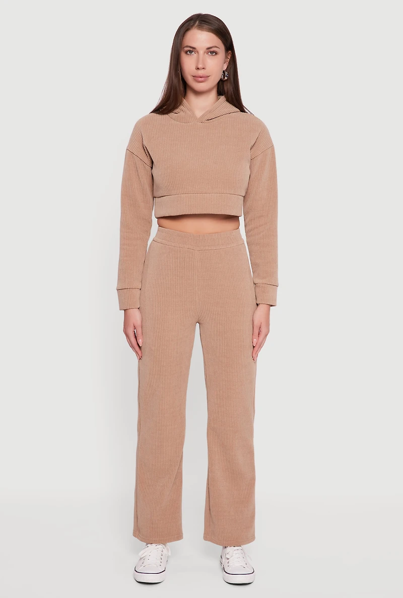Womens Ribbed Knit Long Sleeve Cropped Hoodie, Beige,