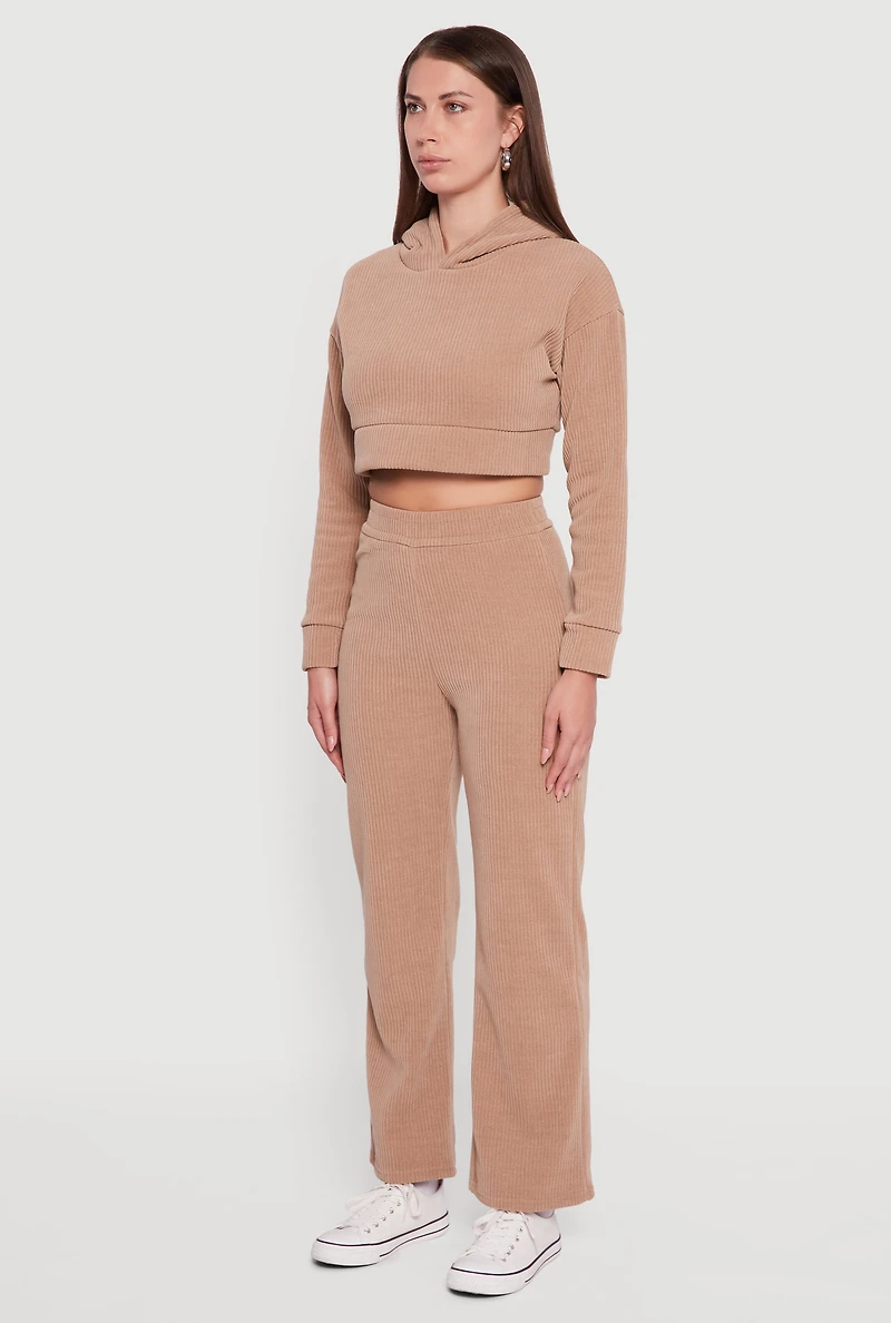 Womens Ribbed Knit Long Sleeve Cropped Hoodie, Beige, Size S