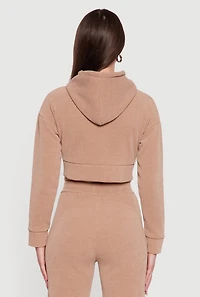 Womens Ribbed Knit Long Sleeve Cropped Hoodie, Beige,
