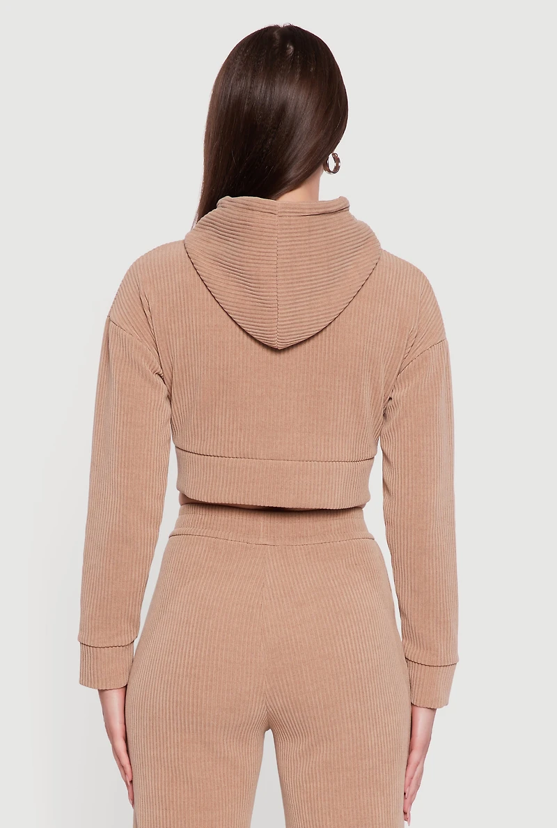 Womens Ribbed Knit Long Sleeve Cropped Hoodie, Beige, Size S
