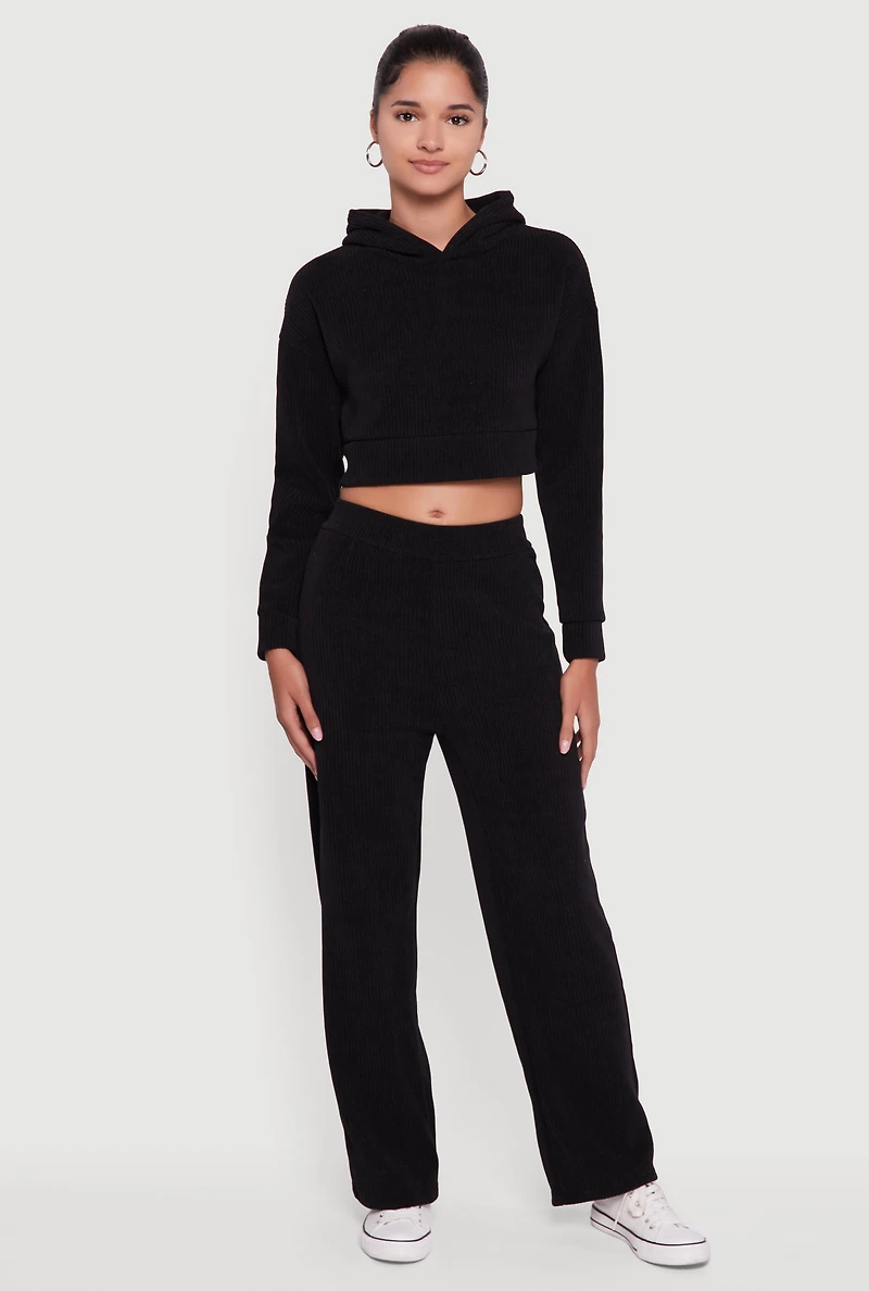 Womens Mid Rise Wide Leg Ribbed Knit Pants, Black, Size L