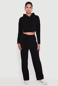 Womens Mid Rise Wide Leg Ribbed Knit Pants, Black, Size L