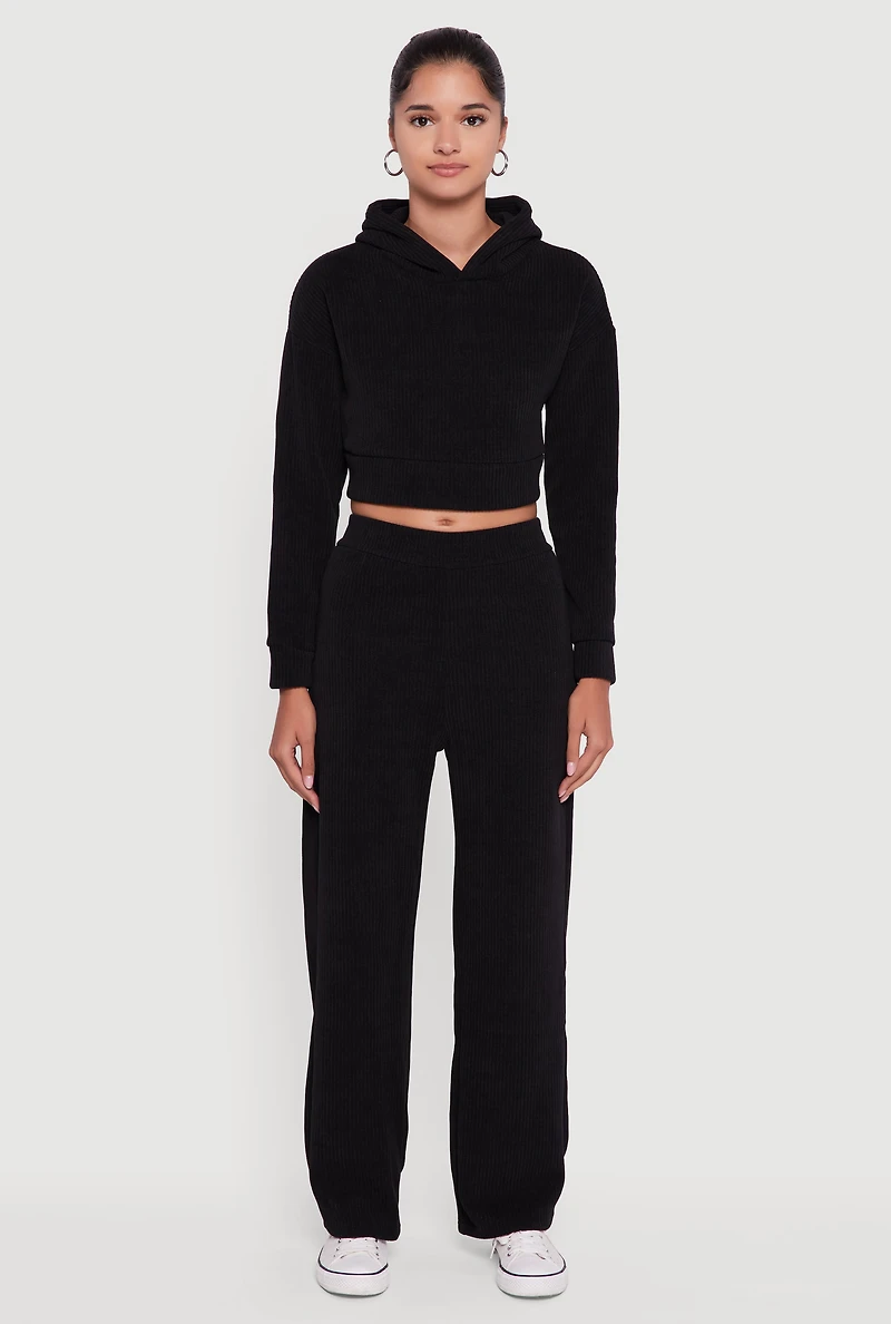 Womens Mid Rise Wide Leg Ribbed Knit Pants, Black, Size L